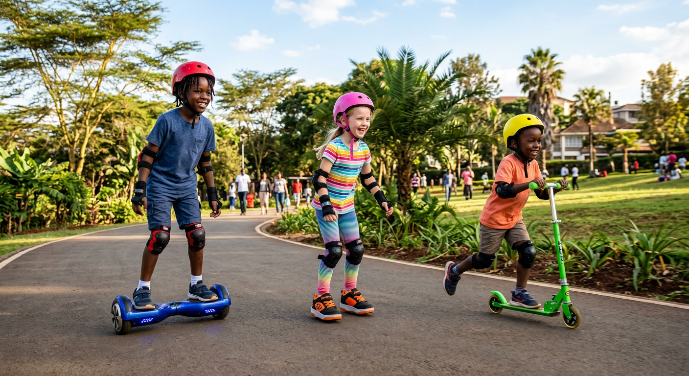 Kids enjoying hoverboards, skates and scooters outdoors in Kenya